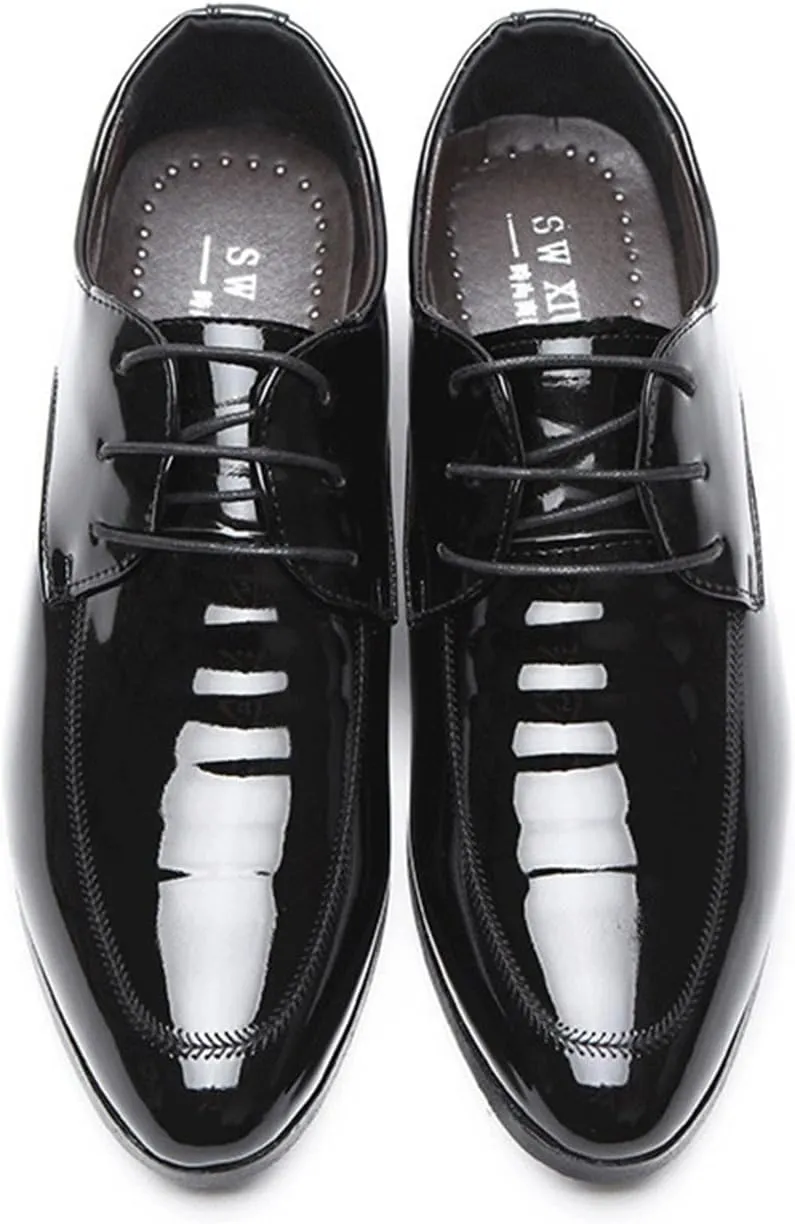 Mens Fashion Patent Leather Derby Shoes Lace Up Formal Business Shoes Pointed Toe Shiny Flat Office Dress Shoes