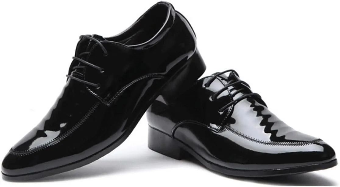Mens Fashion Patent Leather Derby Shoes Lace Up Formal Business Shoes Pointed Toe Shiny Flat Office Dress Shoes