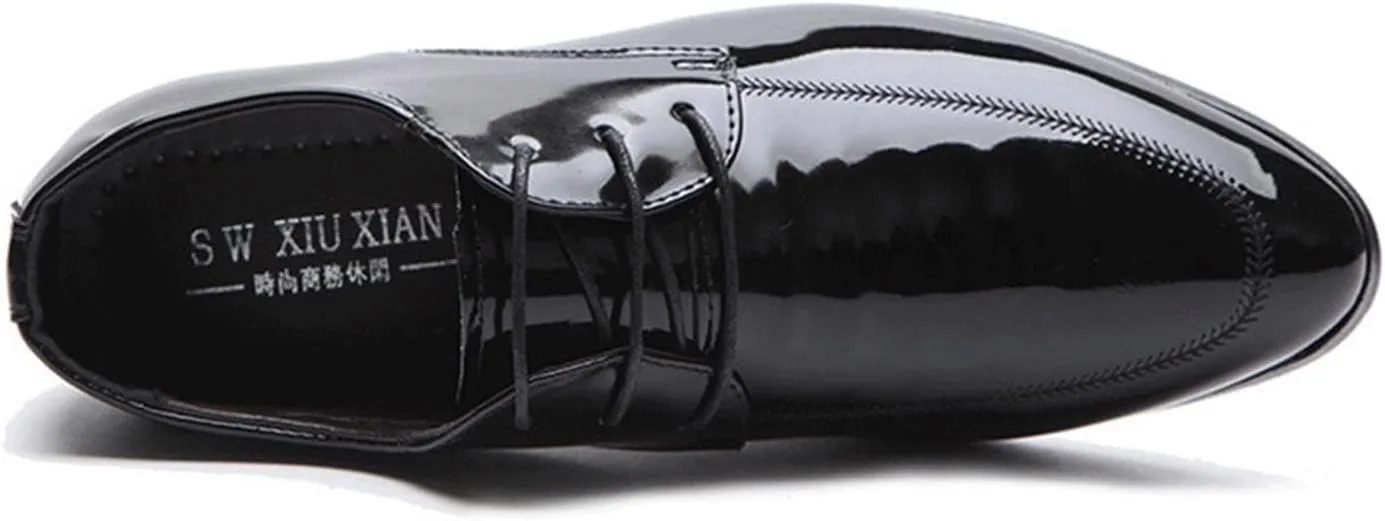 Mens Fashion Patent Leather Derby Shoes Lace Up Formal Business Shoes Pointed Toe Shiny Flat Office Dress Shoes
