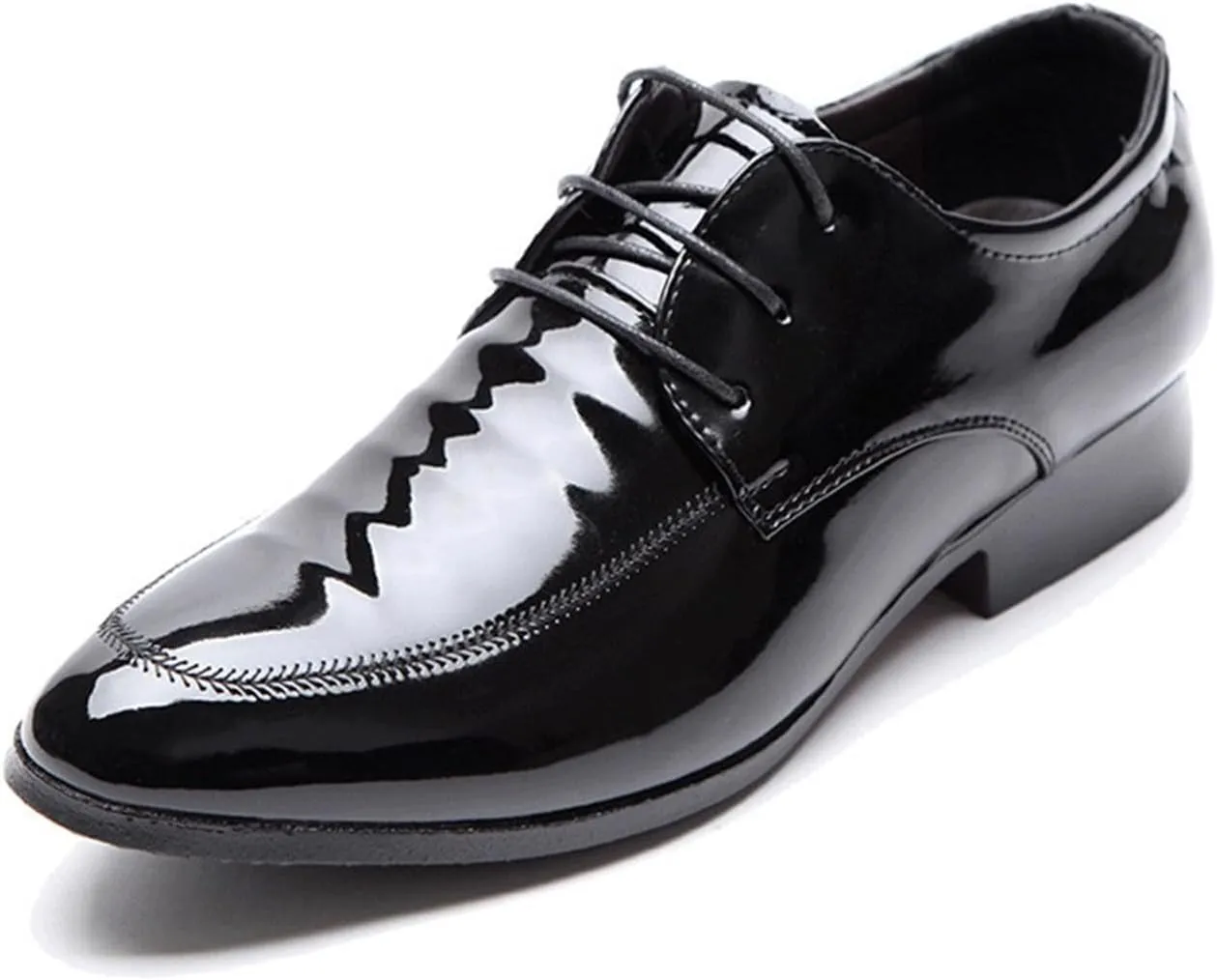 Mens Fashion Patent Leather Derby Shoes Lace Up Formal Business Shoes Pointed Toe Shiny Flat Office Dress Shoes