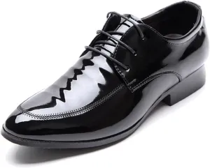 Mens Fashion Patent Leather Derby Shoes Lace Up Formal Business Shoes Pointed Toe Shiny Flat Office Dress Shoes