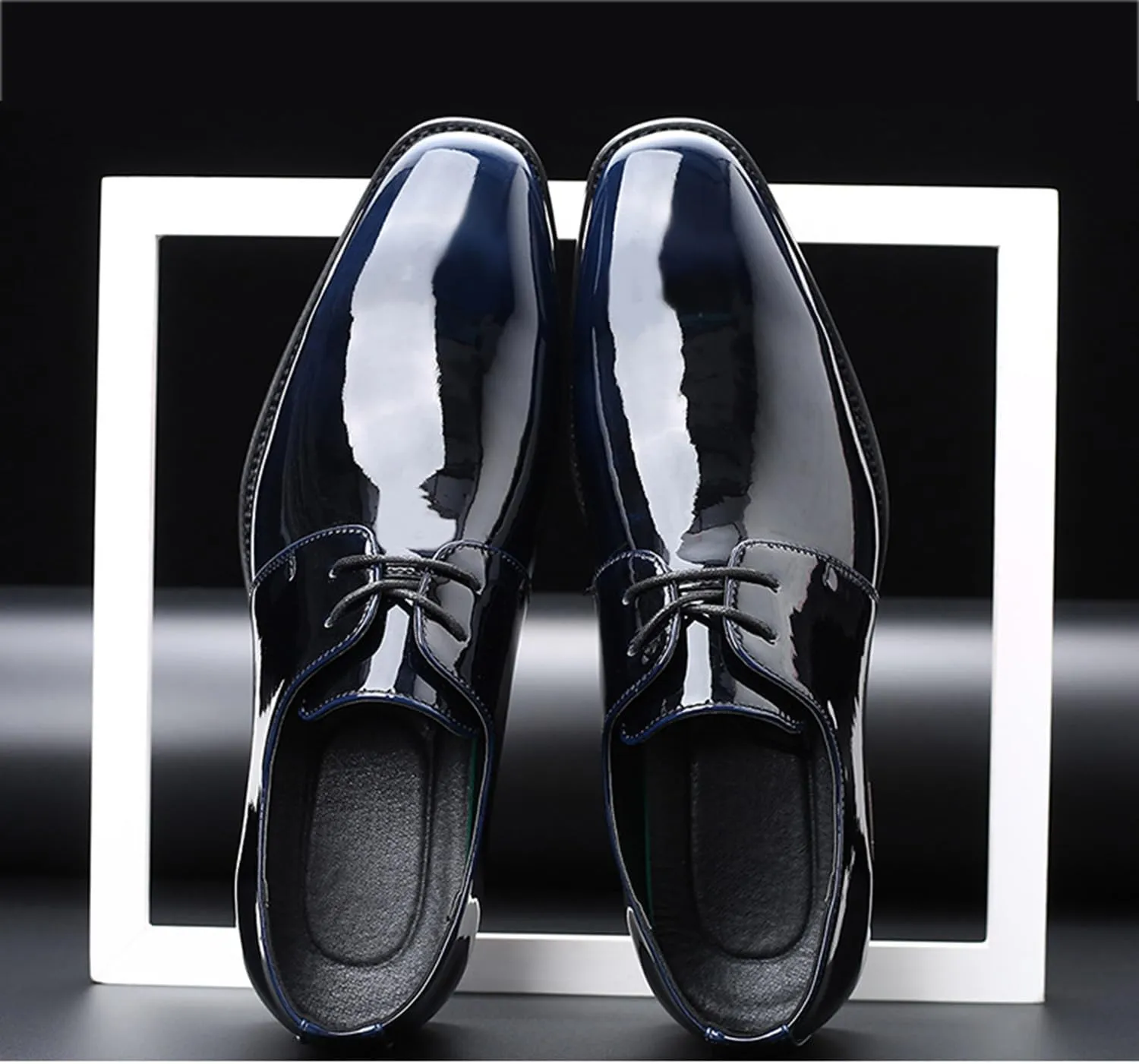 Mens Fashion Patent Leather Shoes Formal Dress Wedding Business Shoes Shiny Flat Derby Lace Up Shoes for Men