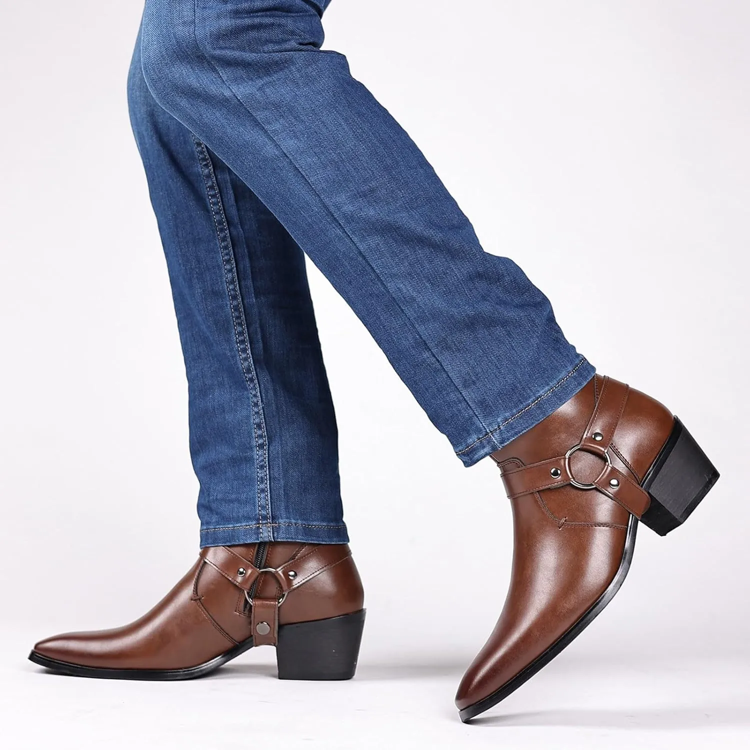 Men's Fashionable Ankle Shoes Low Zipper Thick Heel Boots Wooden Heel Pointed Toe Solid Color Leather Slip Boots Men