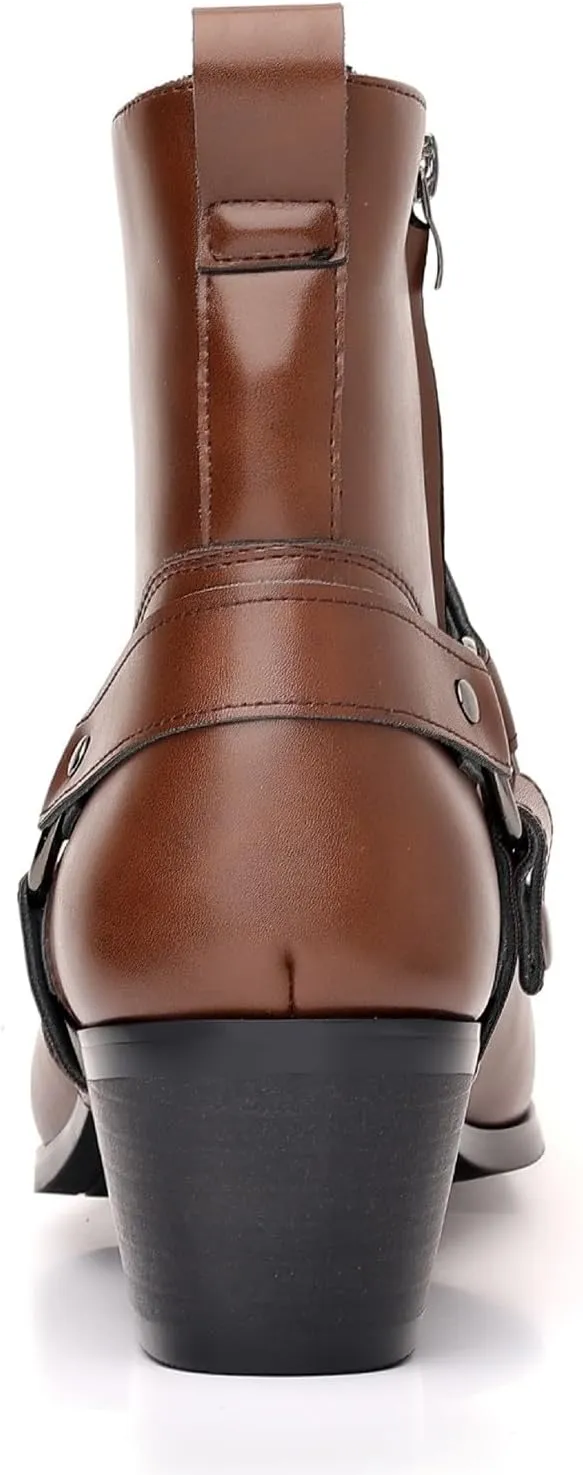 Men's Fashionable Ankle Shoes Low Zipper Thick Heel Boots Wooden Heel Pointed Toe Solid Color Leather Slip Boots Men