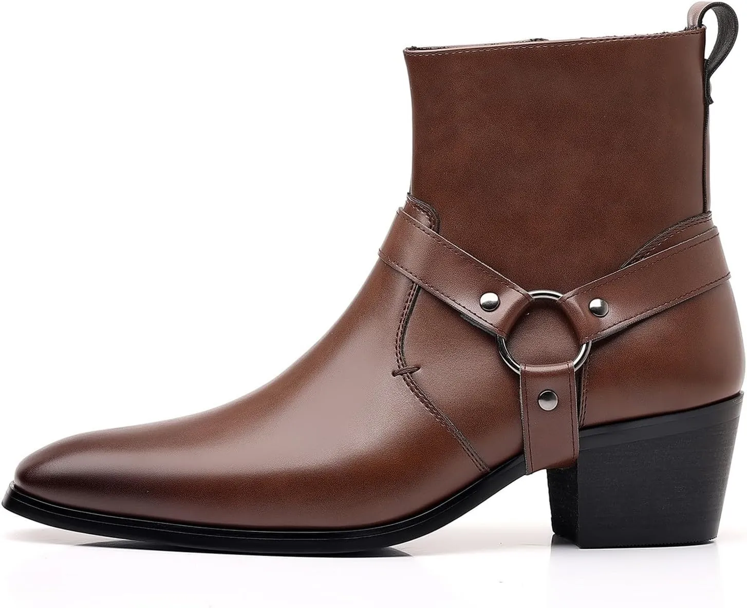 Men's Fashionable Ankle Shoes Low Zipper Thick Heel Boots Wooden Heel Pointed Toe Solid Color Leather Slip Boots Men