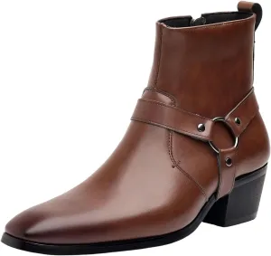 Men's Fashionable Ankle Shoes Low Zipper Thick Heel Boots Wooden Heel Pointed Toe Solid Color Leather Slip Boots Men