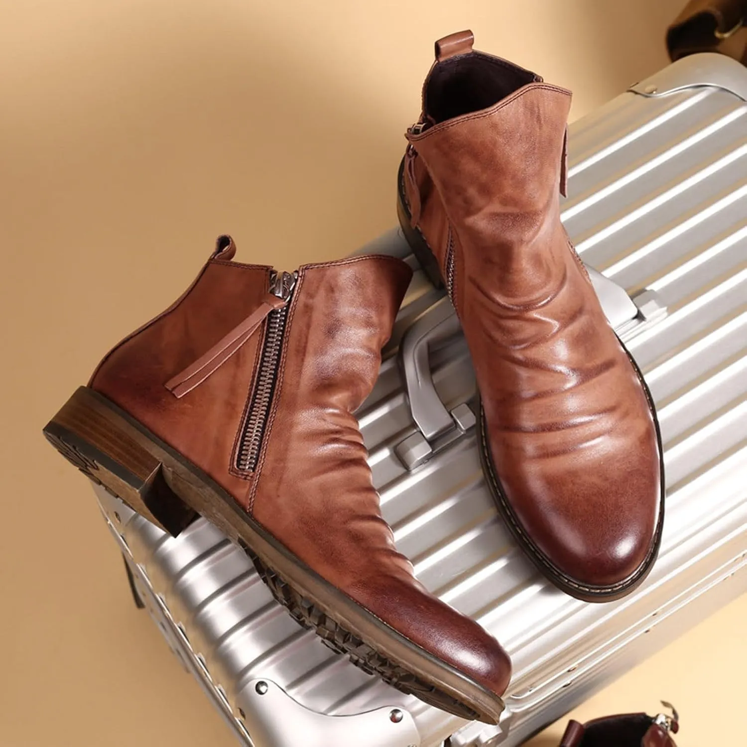 Men's Fashionable Retro Ankle Boots Zipper Sleeve Casual Leather Chukka Boot Water Proof Side Zip Chukka Boots Mens Pack