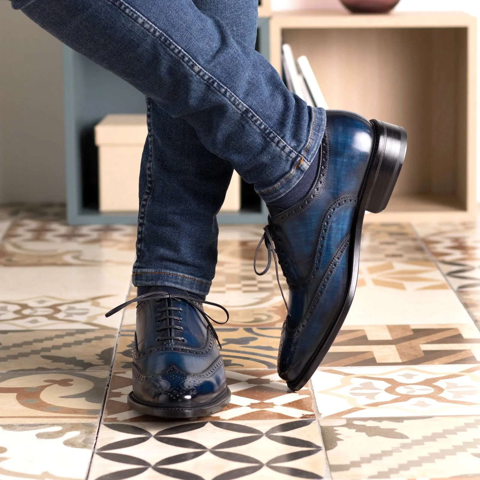 Men's Full Brogue Shoes Patina Leather Goodyear Welt Wide Plus Size Blue 5489
