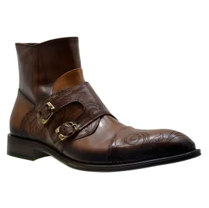 Men's Italian Shoes Jo Ghost 2994 Brown Leather Embroidery Formal Ankle Boots
