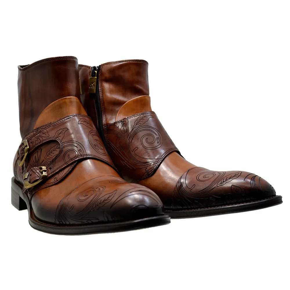 Men's Italian Shoes Jo Ghost 2994 Brown Leather Embroidery Formal Ankle Boots