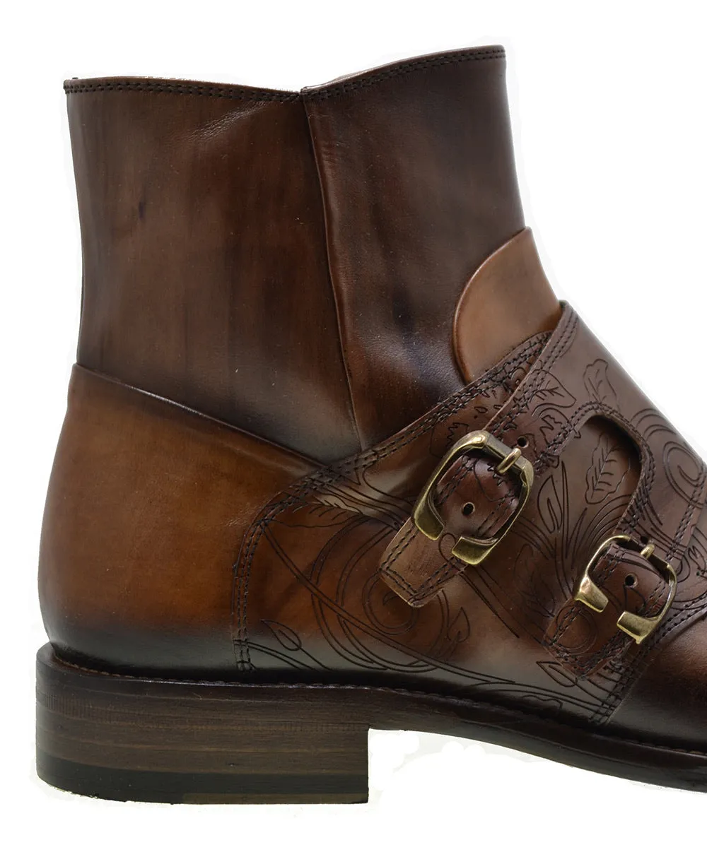Men's Italian Shoes Jo Ghost 2994 Brown Leather Embroidery Formal Ankle Boots
