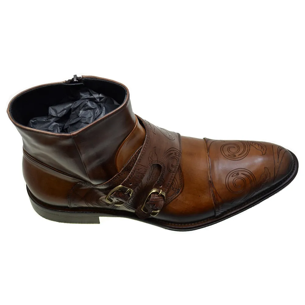 Men's Italian Shoes Jo Ghost 2994 Brown Leather Embroidery Formal Ankle Boots