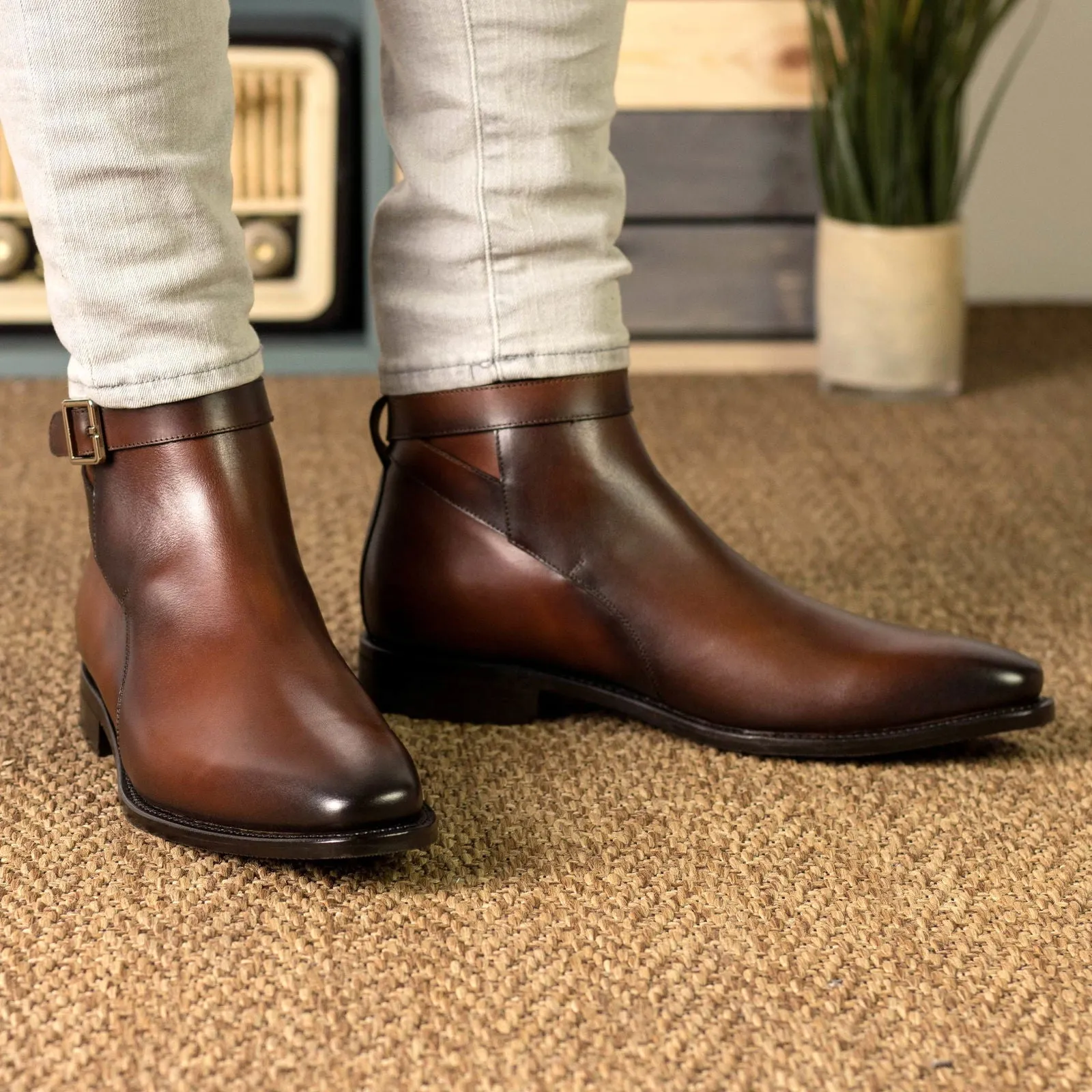 Men's Jodhpur Leather Boots Goodyear Welt Wide Plus Size Brown 5585