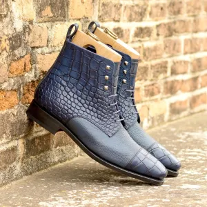 Men's Jumper Leather Boots Goodyear Welt Wide Plus Size Blue Navy 5850