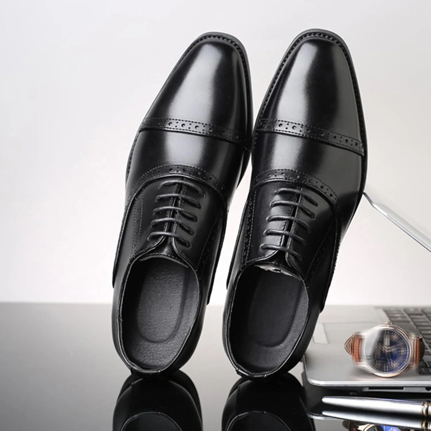 Mens Lace-Up Shoes, Pointed Toe Large Size Brogues Leather Shoes Business Casual Oxfords Formal Shoes Low Top Office Work Dress Shoes Wedding Loafers, 44 EU,Black