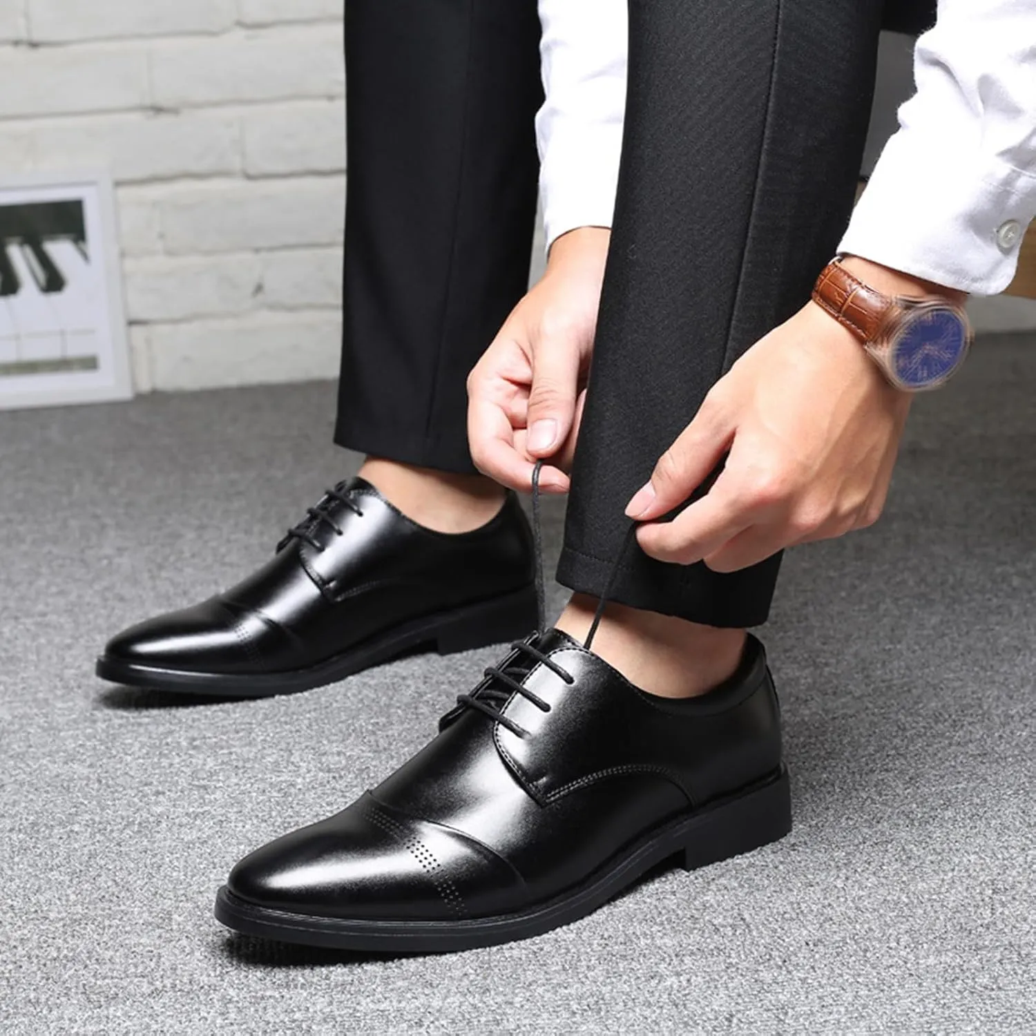 Mens Lace-Up Shoes, Pointed Toe Large Size Leather Shoes Brogues Business Casual Derbys Formal Shoes Low Top Office Work Dress Shoes Wedding Loafers, 40 EU,Black