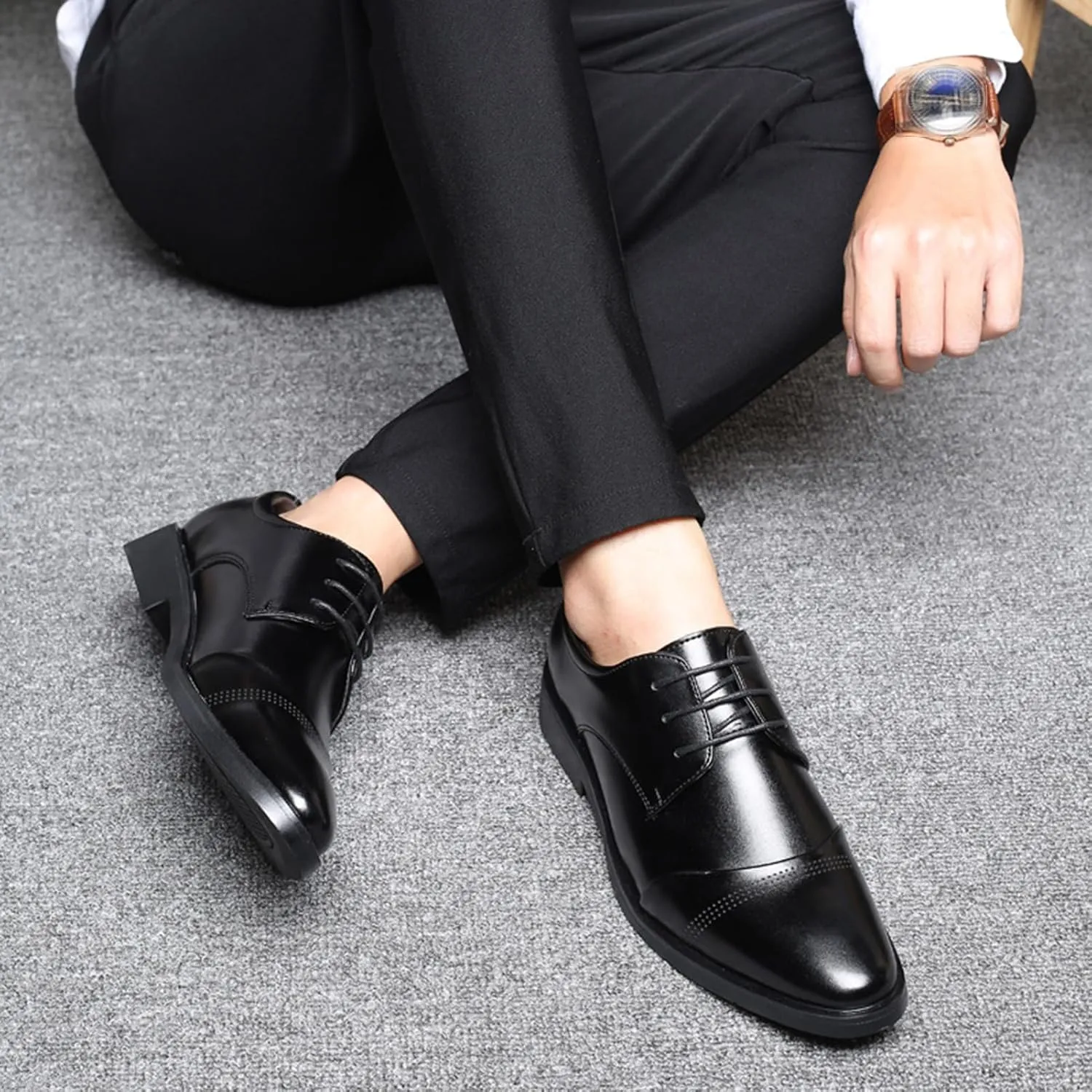 Mens Lace-Up Shoes, Pointed Toe Large Size Leather Shoes Brogues Business Casual Derbys Formal Shoes Low Top Office Work Dress Shoes Wedding Loafers, 40 EU,Black