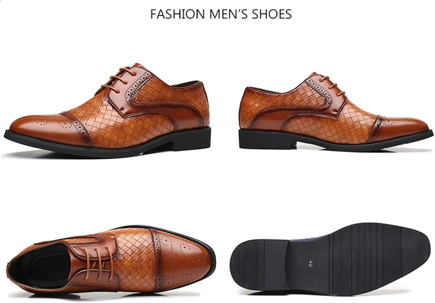 Mens Lace-Up Shoes, Round Toe Large Size Plaid Splicing Brogues Leather Shoes Business Casual Oxfords Formal Shoes Office Work Dress Shoes Wedding