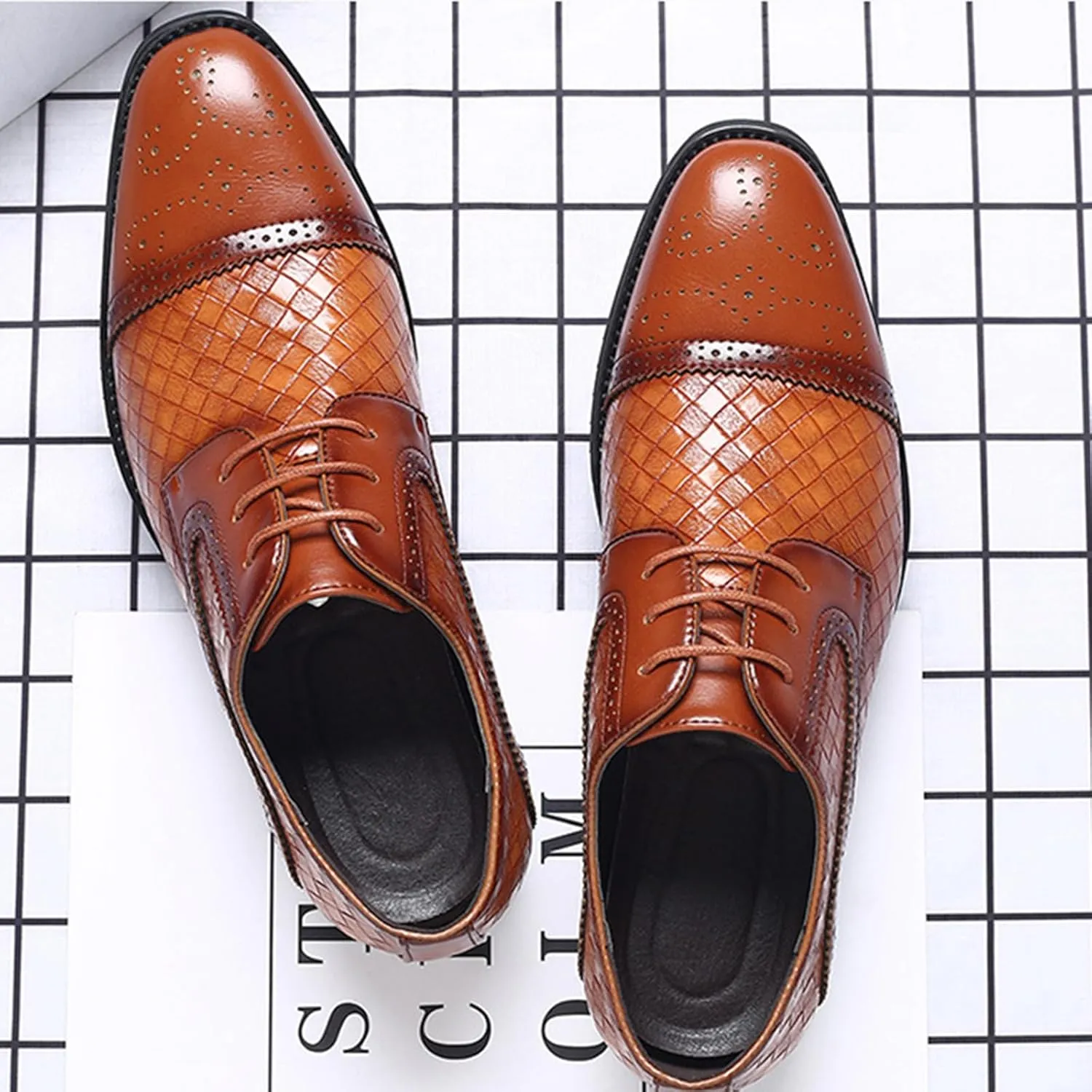 Mens Lace-Up Shoes, Round Toe Large Size Plaid Splicing Brogues Leather Shoes Business Casual Oxfords Formal Shoes Office Work Dress Shoes Wedding