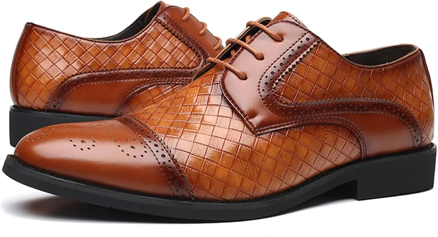 Mens Lace-Up Shoes, Round Toe Large Size Plaid Splicing Brogues Leather Shoes Business Casual Oxfords Formal Shoes Office Work Dress Shoes Wedding