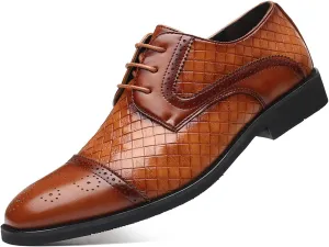 Mens Lace-Up Shoes, Round Toe Large Size Plaid Splicing Brogues Leather Shoes Business Casual Oxfords Formal Shoes Office Work Dress Shoes Wedding