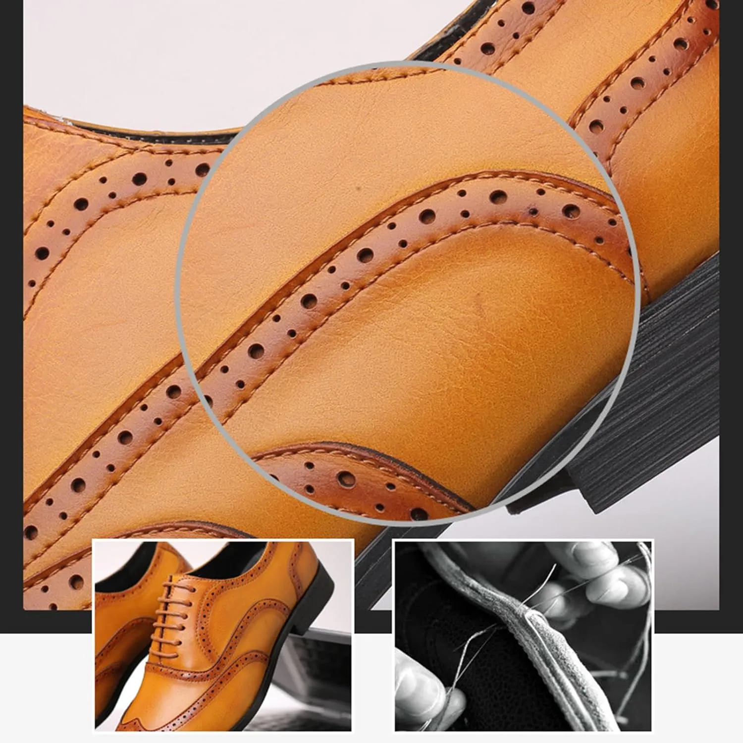 Mens Lace-Up Shoes, Square Toe Large Size Brogues Leather Shoes Business Casual Oxfords Formal Shoes Low Top Office Work Dress Shoes Wedding Loafers, 39 EU,Yellow
