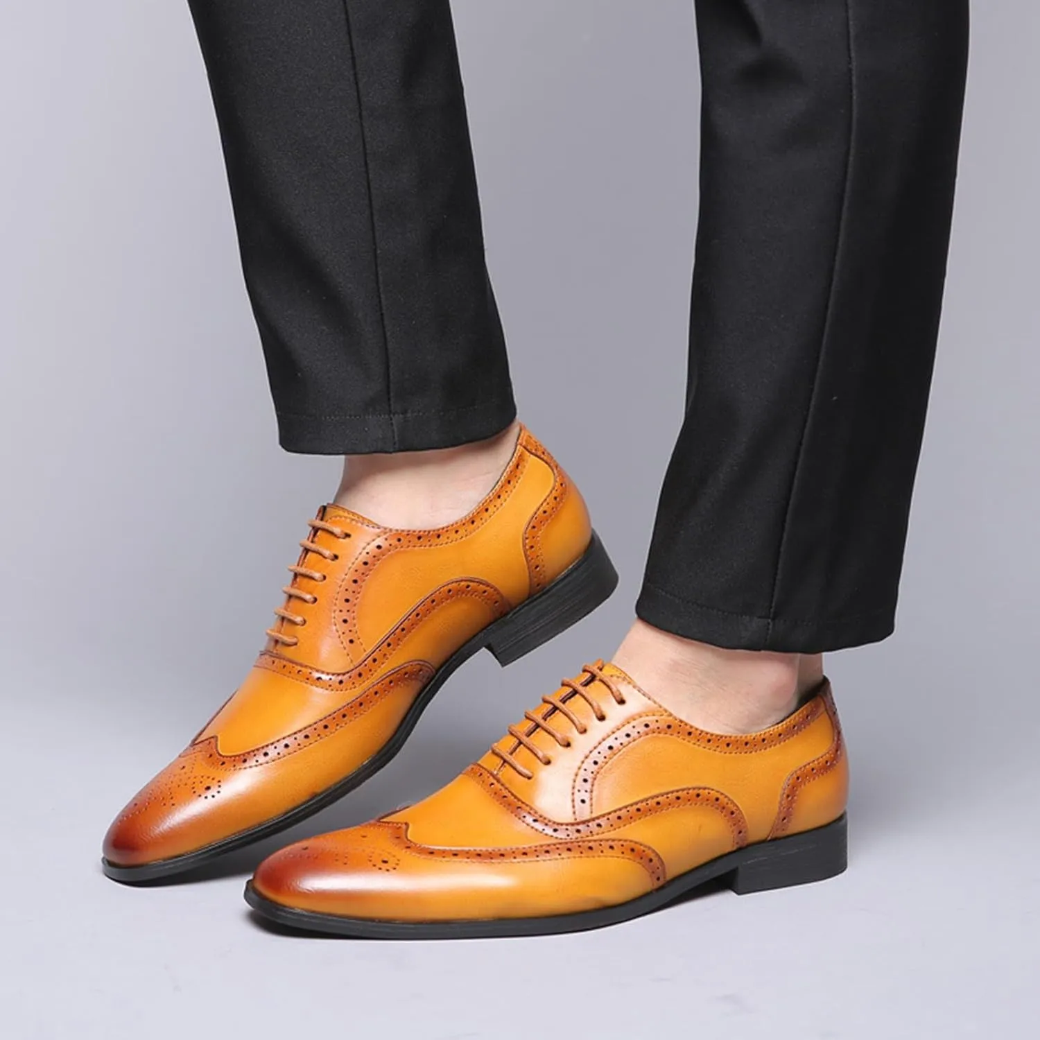 Mens Lace-Up Shoes, Square Toe Large Size Brogues Leather Shoes Business Casual Oxfords Formal Shoes Low Top Office Work Dress Shoes Wedding Loafers, 39 EU,Yellow