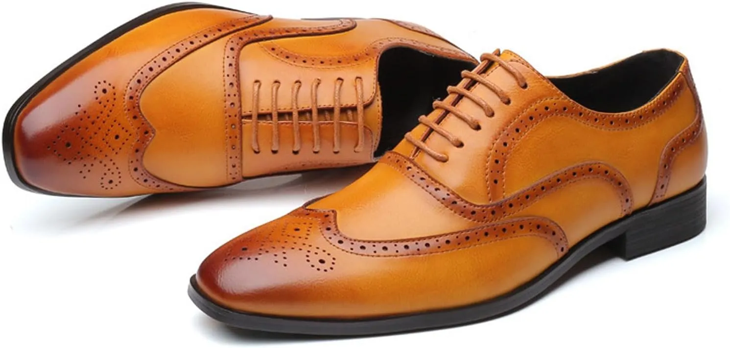 Mens Lace-Up Shoes, Square Toe Large Size Brogues Leather Shoes Business Casual Oxfords Formal Shoes Low Top Office Work Dress Shoes Wedding Loafers, 39 EU,Yellow