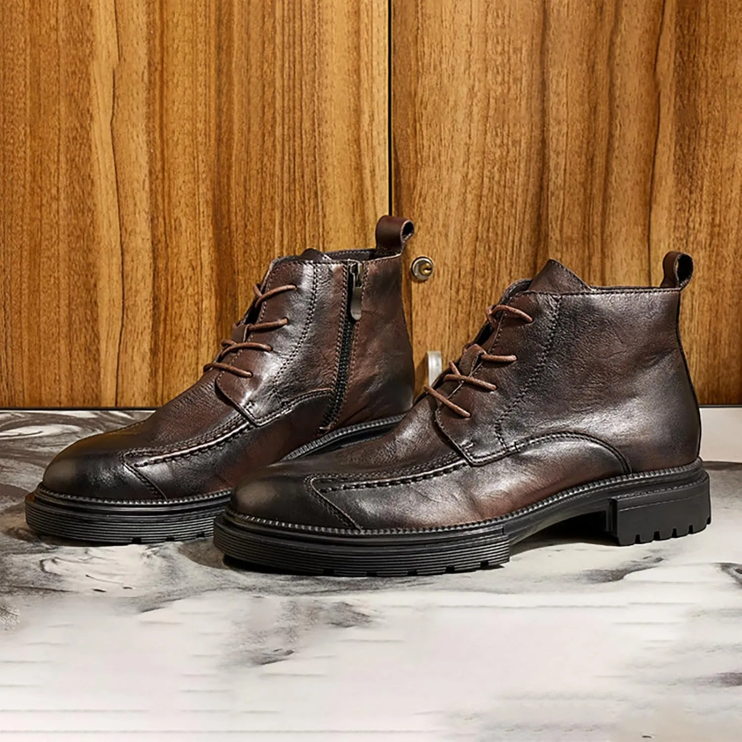 Men's Large Size High Top Chukka Boot Lace Up Ankle Boots Thick Bottom Short Boots Leather Composite Slip Work Boots