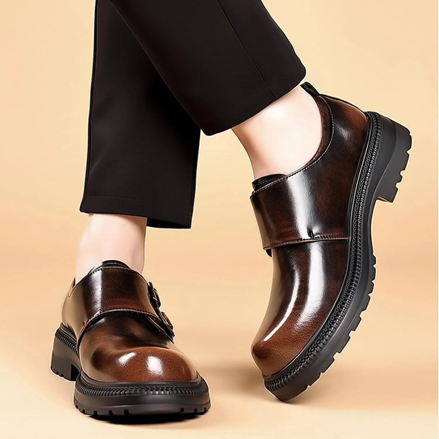 Men's Leather Double Monk Strap Platform Low Chunky Heel Loafers Retro Color Wipe Round Toe Comfortable Slip On Anti-Slip Lug Sole Derby Shoes for Business Wedding Daily Dating