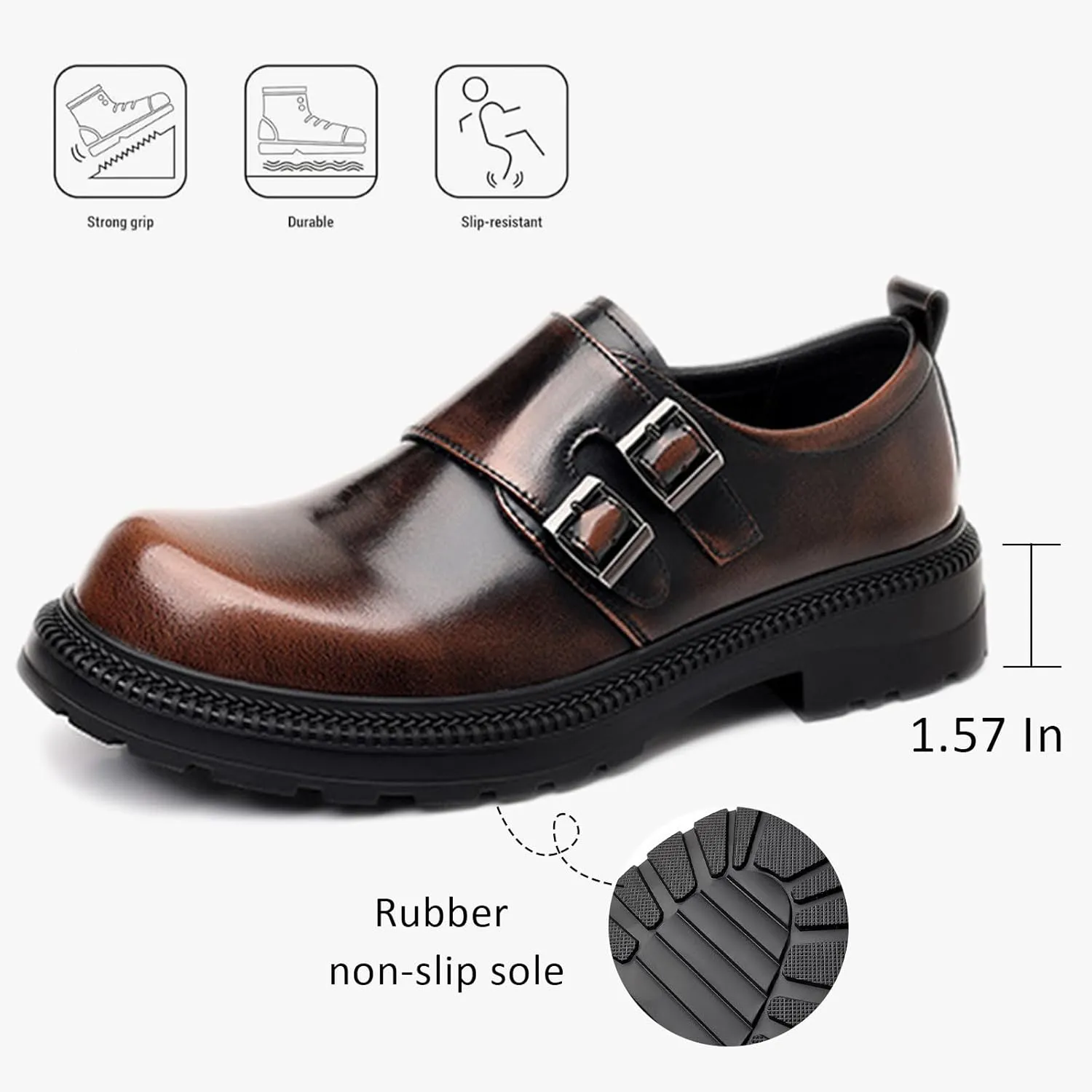 Men's Leather Double Monk Strap Platform Low Chunky Heel Loafers Retro Color Wipe Round Toe Comfortable Slip On Anti-Slip Lug Sole Derby Shoes for Business Wedding Daily Dating