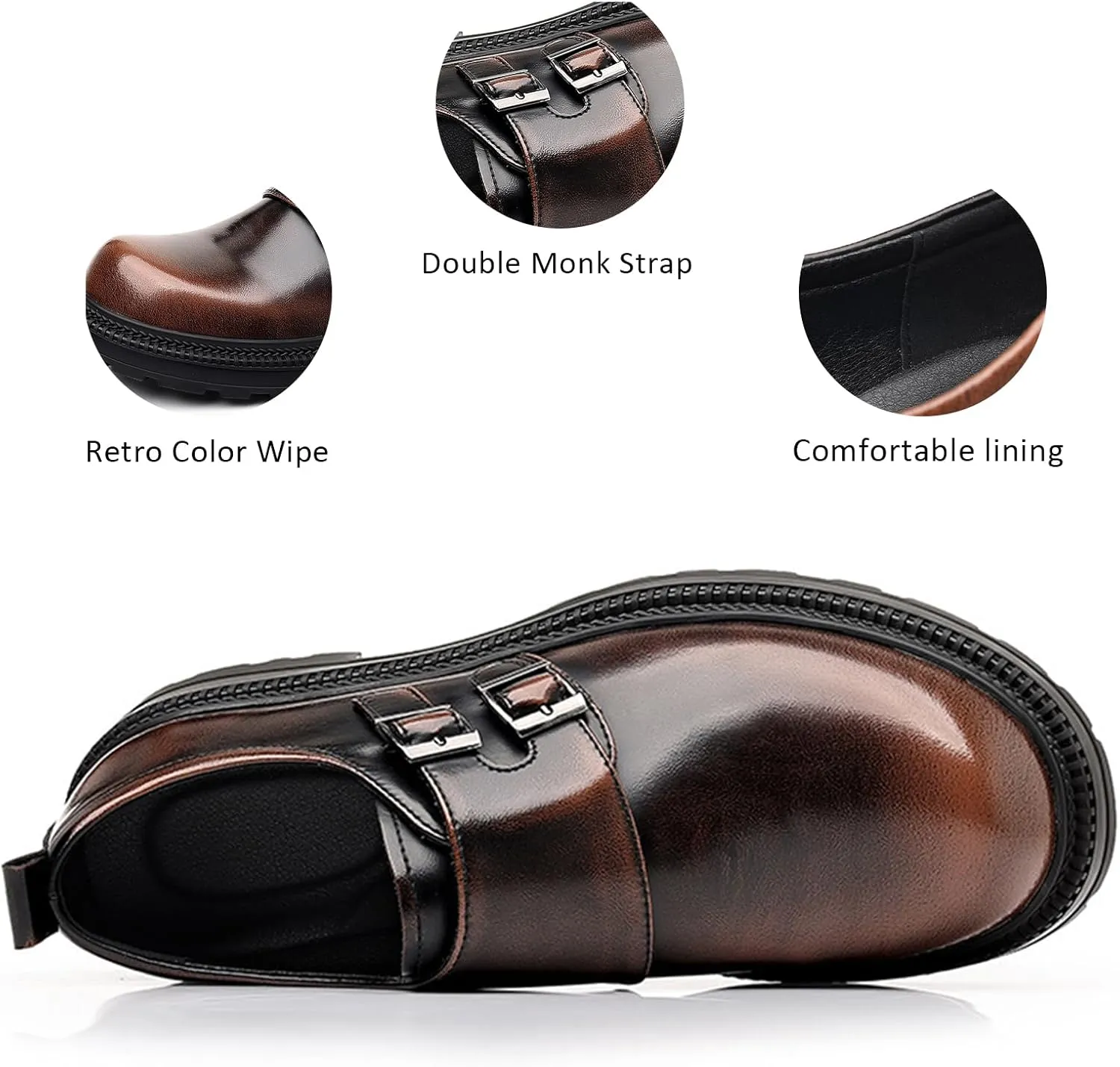 Men's Leather Double Monk Strap Platform Low Chunky Heel Loafers Retro Color Wipe Round Toe Comfortable Slip On Anti-Slip Lug Sole Derby Shoes for Business Wedding Daily Dating