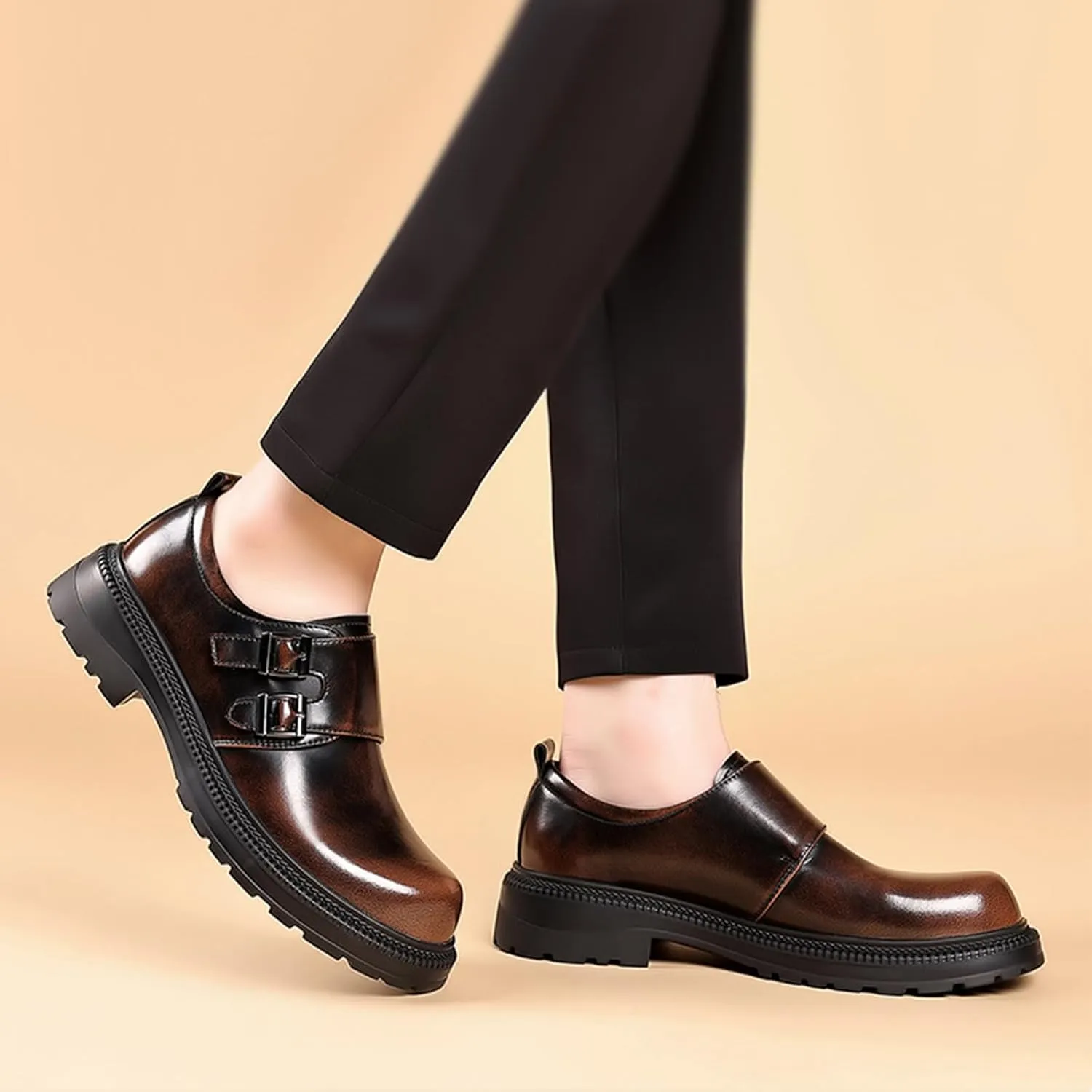 Men's Leather Double Monk Strap Platform Low Chunky Heel Loafers Retro Color Wipe Round Toe Comfortable Slip On Anti-Slip Lug Sole Derby Shoes for Business Wedding Daily Dating