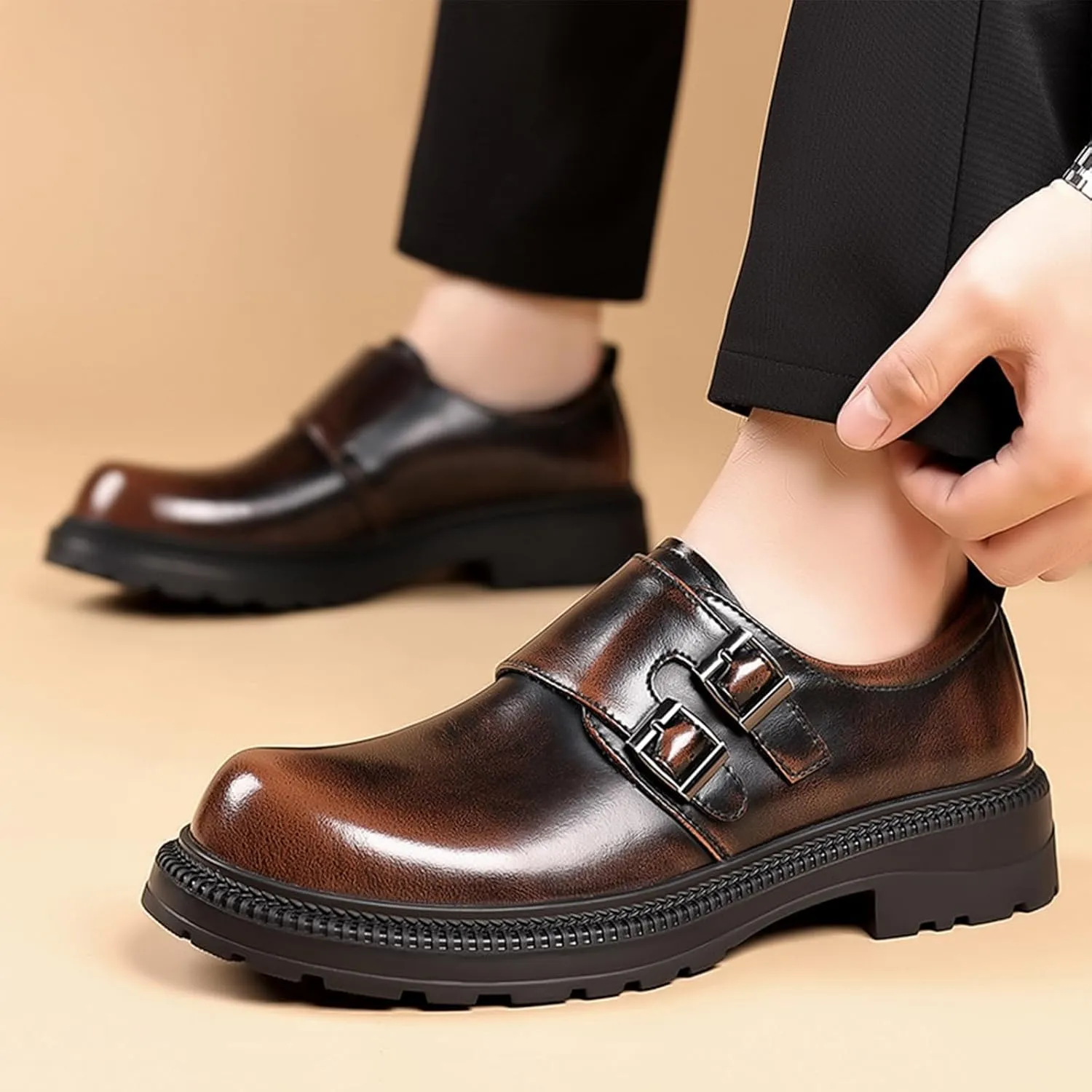 Men's Leather Double Monk Strap Platform Low Chunky Heel Loafers Retro Color Wipe Round Toe Comfortable Slip On Anti-Slip Lug Sole Derby Shoes for Business Wedding Daily Dating