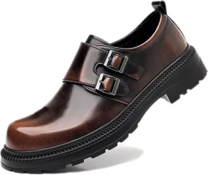 Men's Leather Double Monk Strap Platform Low Chunky Heel Loafers Retro Color Wipe Round Toe Comfortable Slip On Anti-Slip Lug Sole Derby Shoes for Business Wedding Daily Dating