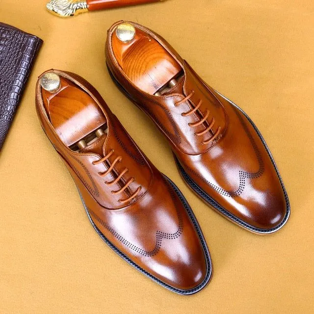 Men's Leather Shoes High Quality Italian Handmade Wingtip Dress Shoes Brogues Oxfords