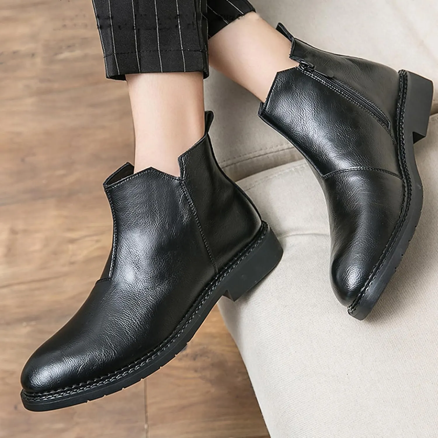 Men's Leather Slip-on Business Dress Chelsea Ankle Boots Side Zip Classic Retro Polished Leather Low Heel Comfortable Fashion Chukka Ankle Boots