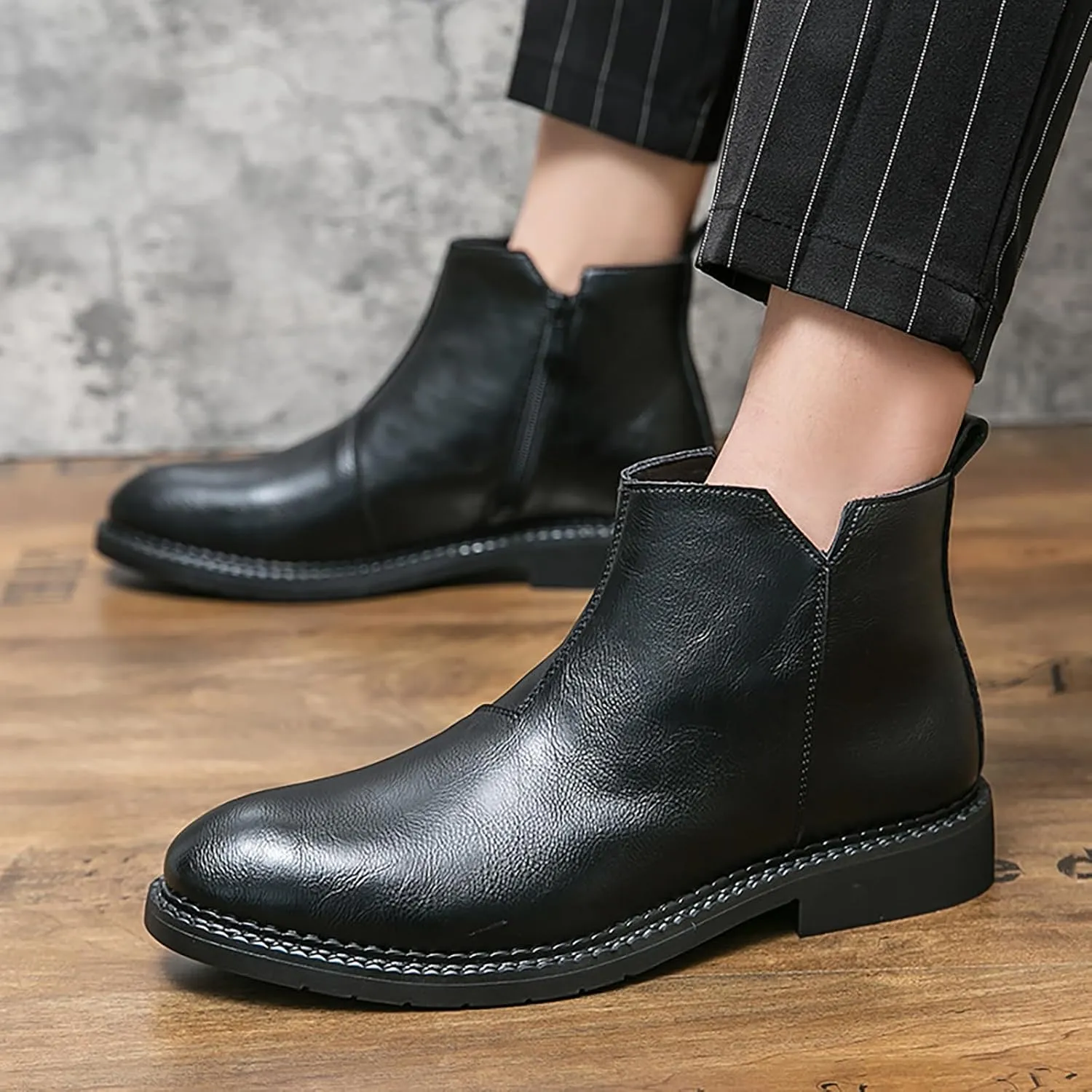 Men's Leather Slip-on Business Dress Chelsea Ankle Boots Side Zip Classic Retro Polished Leather Low Heel Comfortable Fashion Chukka Ankle Boots