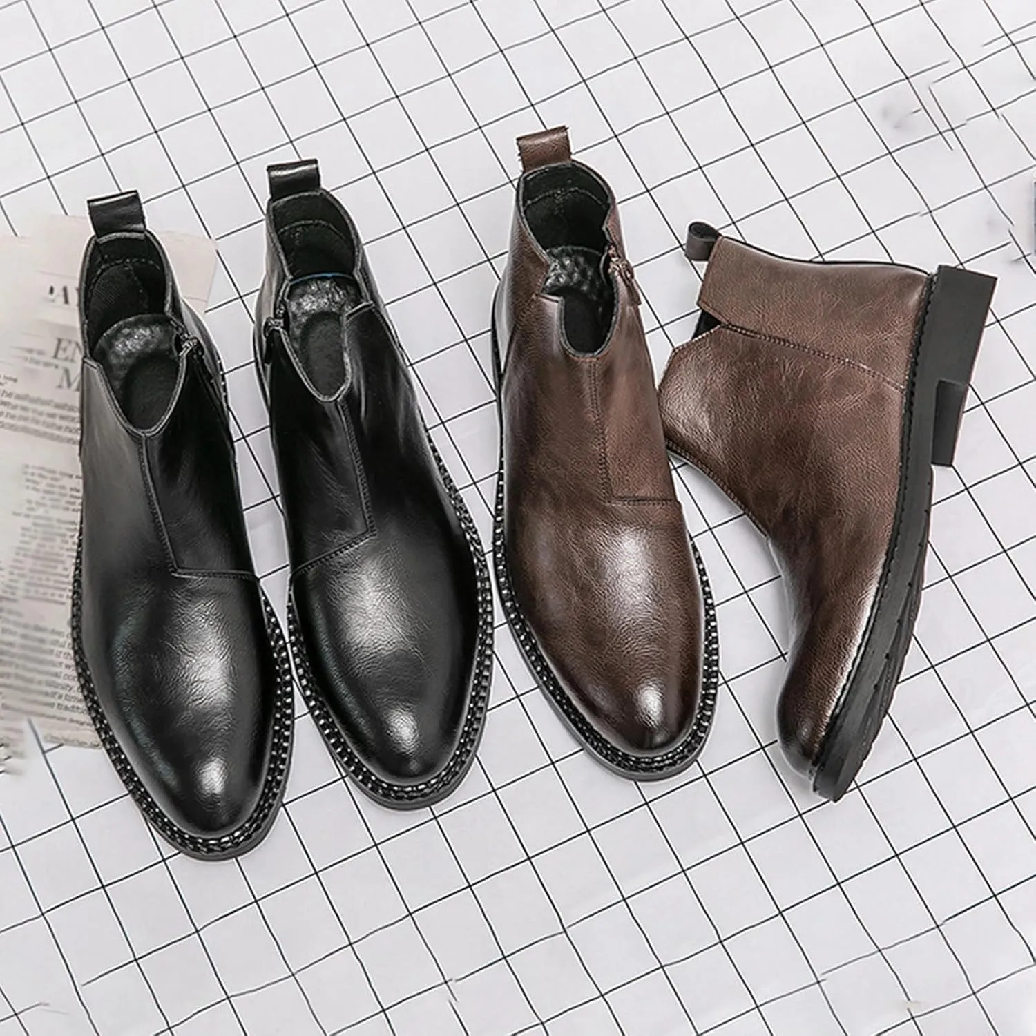 Men's Leather Slip-on Business Dress Chelsea Ankle Boots Side Zip Classic Retro Polished Leather Low Heel Comfortable Fashion Chukka Ankle Boots