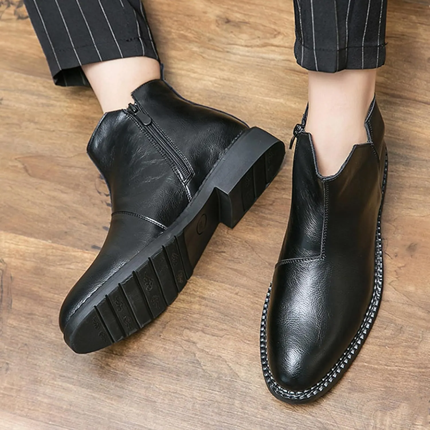 Men's Leather Slip-on Business Dress Chelsea Ankle Boots Side Zip Classic Retro Polished Leather Low Heel Comfortable Fashion Chukka Ankle Boots