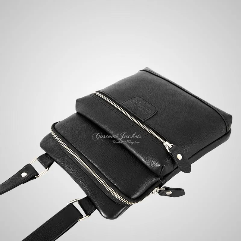 Men's Leather Small Cross Body Bag Black Travel Work Bag