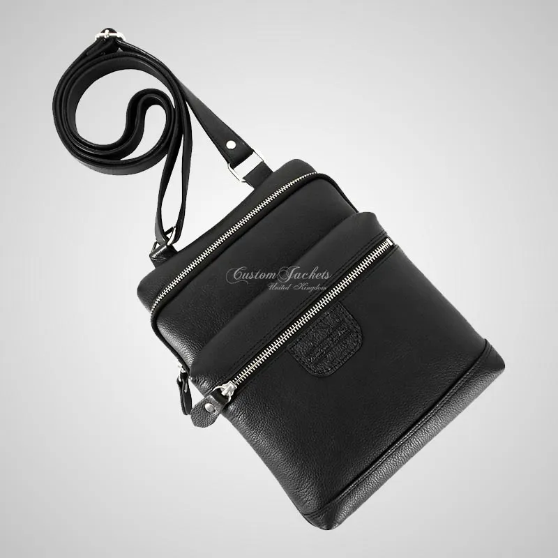 Men's Leather Small Cross Body Bag Black Travel Work Bag