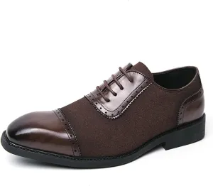 Men's Leather Stitching Chunky Heel Brogue Wingtip Oxford Shoes Vintage Patent Leather Pointed Toe Non-Slip Lace-up Formal Business Shoes Walking Work Shoes