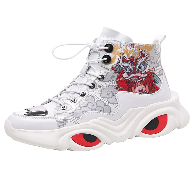 Men's Lion Dance Print Red-Eyed Kylin High-Top Sneakers