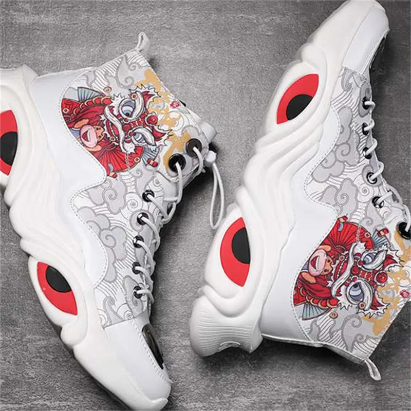Men's Lion Dance Print Red-Eyed Kylin High-Top Sneakers
