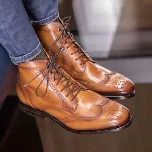 Men's Military Brogue Leather Boots Goodyear Welt Wide Plus Size Brown 5014