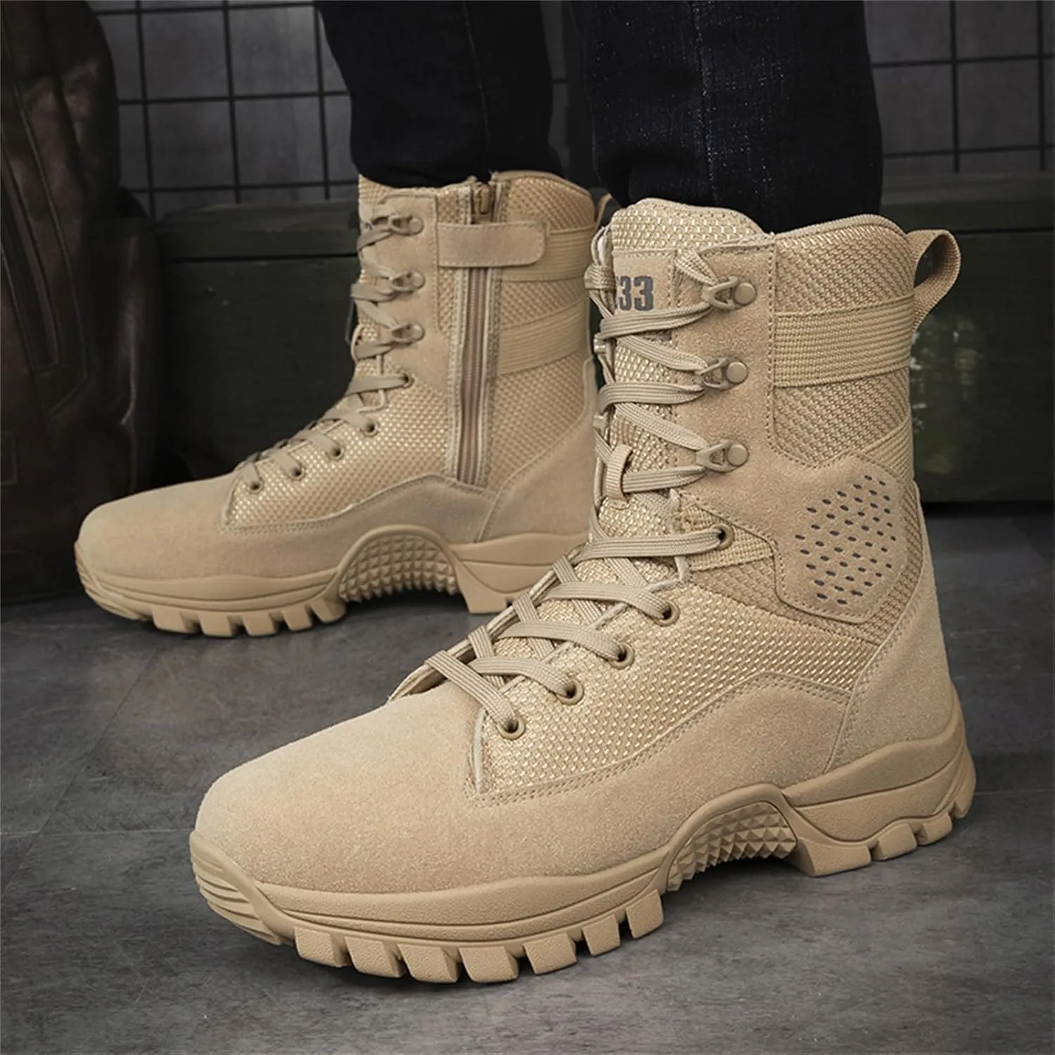 Men's Military Tactical Combat Boots, Lightweight Work Military Boots, with Side Zipper, Hiking Outdoor Work Boots,Breathable Work Trainers