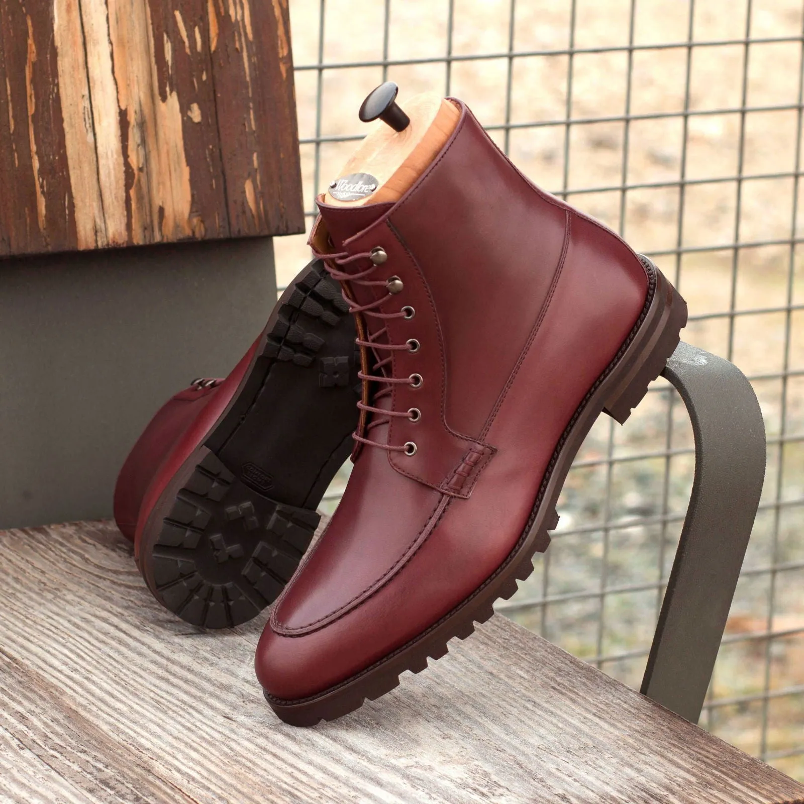Men's Moc Leather Boots Wide Plus Size Burgundy 4040