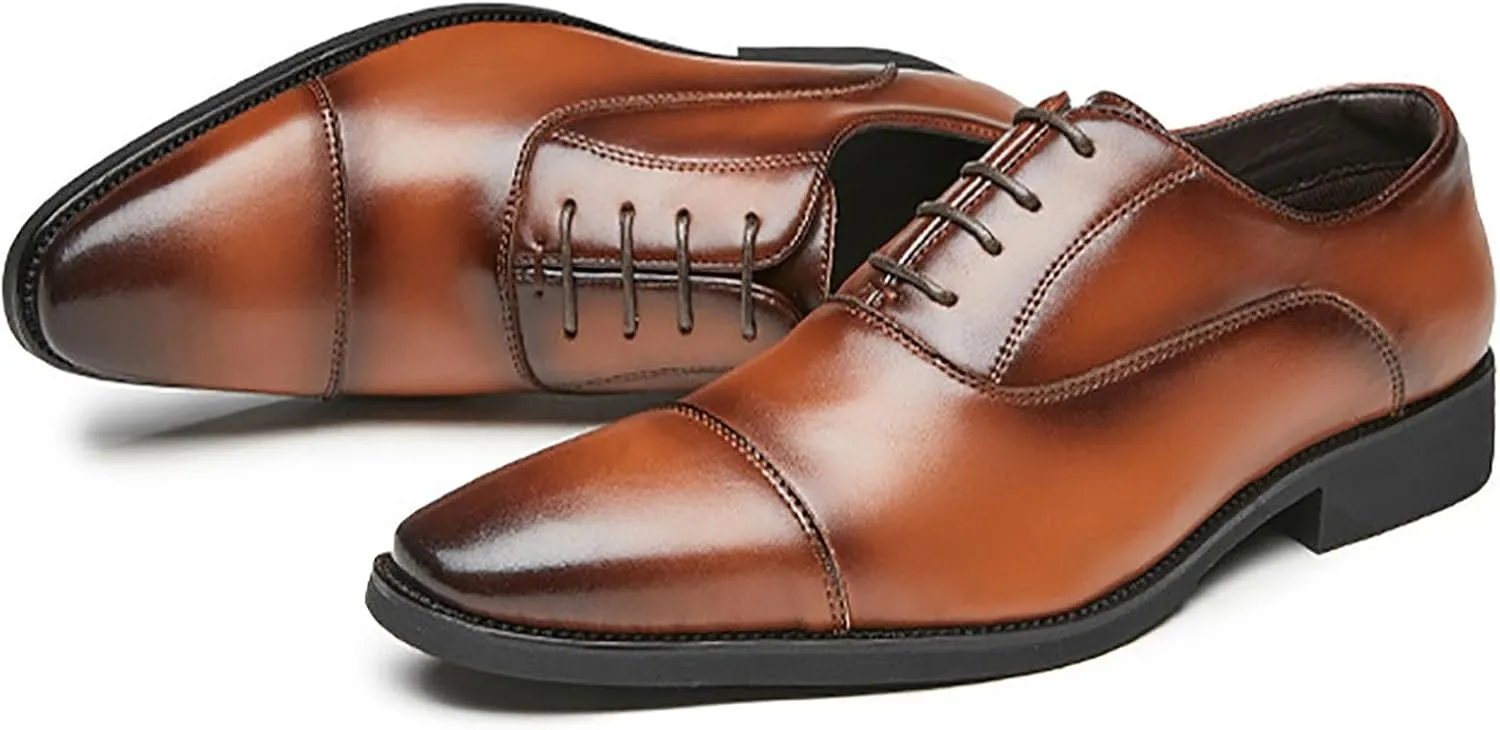Men's Oxford Dress Classic Business Cap Toe Leather Shoes， Modern Lace Up Wingtip Genuine Leather Dress Men Shoes