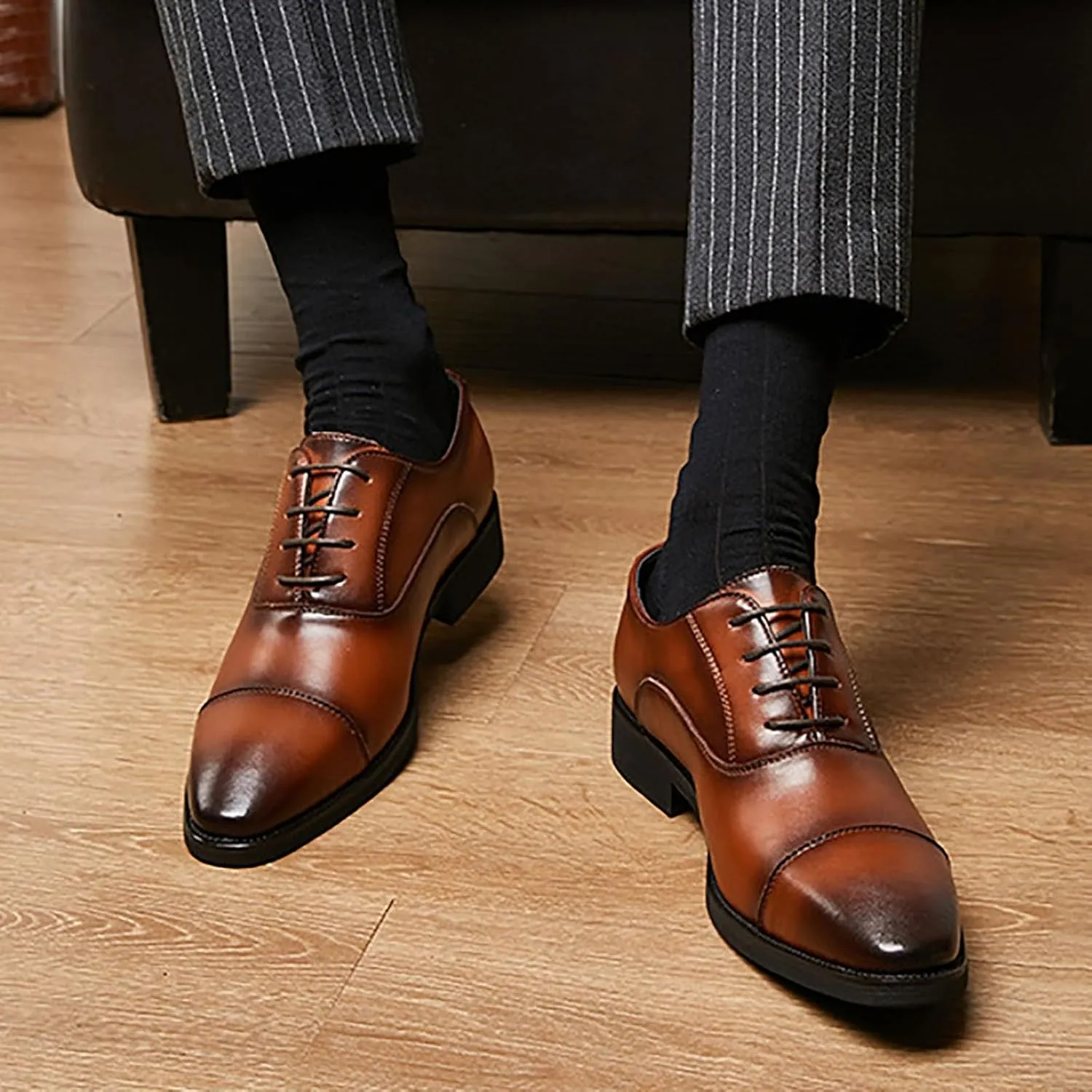 Men's Oxford Dress Classic Business Cap Toe Leather Shoes， Modern Lace Up Wingtip Genuine Leather Dress Men Shoes